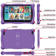 an image of a purple tablet with instructions on the front and back side, including features