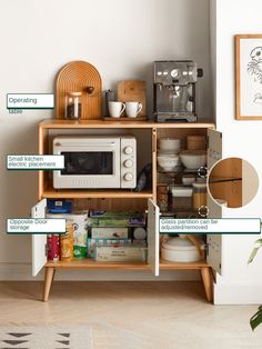 a kitchen cabinet with labeled parts for the microwave and other items on it in front of a white wall