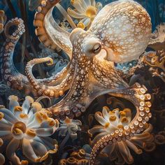 an octopus is surrounded by seaweed and other marine life in the ocean, with its eyes open