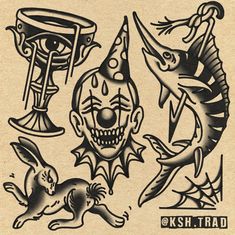 an old school tattoo flash sheet with various designs on it, including clowns and cats