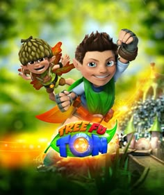 a cartoon character flying through the air on top of a green leafy field with other characters