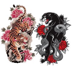 two tiger and dragon tattoos with roses on the side, one in black and one in red