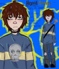 a drawing of a boy with glasses and a skull on his chest, standing in front of a blue background