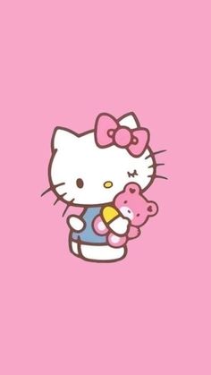 hello kitty holding a teddy bear on a pink background