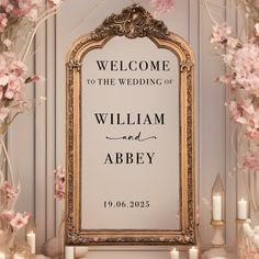 a welcome sign with candles and flowers in the background for an elegant wedding ceremony or reception