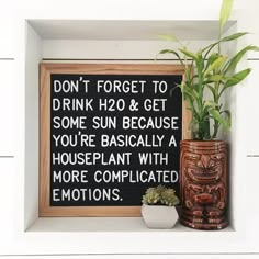 a sign that says don't forget to drink h2o and get some sun because you're basically a houseplant with more complicated emotions