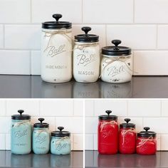 four different pictures of jars with lids on the top and bottom one is blue, red, and white