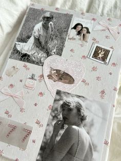 an old photo collage is displayed on a white sheet with pink flowers and hearts