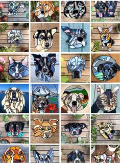 many different pictures of dogs with their faces painted on them, all in different colors