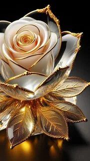 a white rose sitting on top of a black table next to a gold leaf lamp