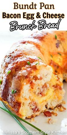 bacon egg and cheese bread on a white plate