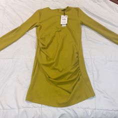 Stretches Size Medium Zara Greenish/Yellow Dress Long Sleeve Brand New Midi Dress Elegant Yellow Stretch Mini Dress, Elegant Stretch Yellow Dress, Elegant Yellow Stretch Dress, Yellow Long Sleeve Dress For Fall, Olive Long Sleeve Party Dress, Zara Fitted Yellow Midi Dress, Chic Mustard Mini Dress, Mustard Mini Dress For Spring, Yellow Long Sleeve Midi Dress