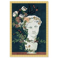 a painting with flowers and leaves on the wall above it is an image of a woman's head