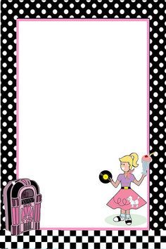 a black and white checkered frame with a girl holding a pink object in her hand