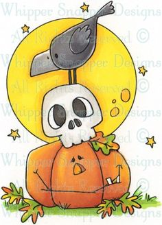 a drawing of a bird sitting on top of a pumpkin with a skull in it