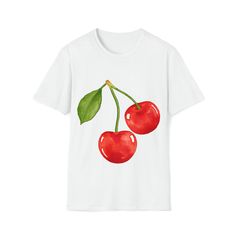 Cherry t-shirt, cherry shirt, cherries shirt, cherries t-shirt, trendy shirt, y2k shirt, christmas gift ideas, christmas gifts, trendy shirt SHIRT DETAILS: The unisex soft-style t-shirt puts a new spin on casual comfort. Made from very soft materials, this tee is 100% cotton for solid colors. Heather colors and sports grey include polyester. The shoulders have twill tape for improved durability. There are no side seams. The collar is made with ribbed knitting to prevent curling damage.  .: Made Trendy Crew Neck T-shirt With Cherry Print, Y2k Style Short Sleeve T-shirt With Fruit Print, Trendy Custom Print T-shirt Gift, Trendy Red T-shirt With Strawberry Print, Red T-shirt For Summer Gift, Casual Red T-shirt With Fruit Print, Red Short Sleeve T-shirt With Fruit Print, Cotton T-shirt With Cherry Print And Crew Neck, Cotton Crew Neck T-shirt With Cherry Print