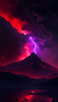 the sky is filled with purple and red clouds as lightning strikes over a mountain range