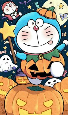 a cartoon character sitting on top of a pumpkin