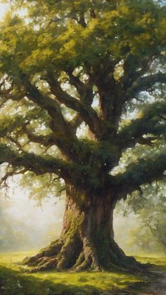 an oil painting of a large tree in the middle of a field