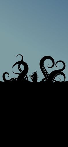 an octopus silhouetted against the sky with its tail curled up and tentacles spread out