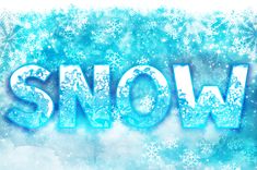 the word snow written in blue and white with snowflakes