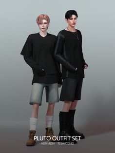 two people standing next to each other wearing black clothing and boots, with the caption pluto outfit set