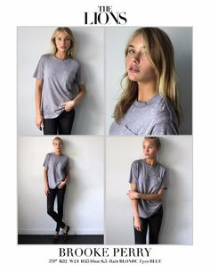 four photos of a woman in grey shirt and black pants with her hands on her hips