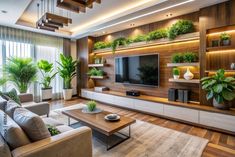 a living room filled with furniture and lots of plants