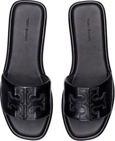 Tory Burch Double-T Leather Sport Slide Sandal (Women) | Nordstrom Sleek Leather Slip-on Slides, Luxury Leather Slides, Designer Leather Footbed Slip-on Slides, Luxury Synthetic Slides, Trendy Leather Slides With Rubber Sole, Tan Leather Open Toe Slides, Trendy Leather Slides With Cushioned Footbed, Leather Slides In Tan For Summer, Summer Tan Leather Slides