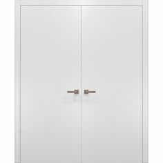 an open white cabinet with two doors and handles on the front, side by side