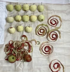 apples and onions are arranged on a white tablecloth with red spirals around them