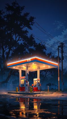 a gas station at night with its lights on and the water reflecting off the ground