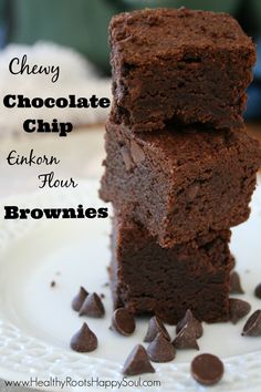 three chocolate brownies stacked on top of each other