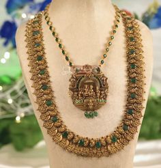 Vbj Jewellery, Green Necklace Indian, Kasulaperu Jewellery, Kasu Mala, Long Haram, Bridal Necklace Designs, Gold Jewels Design, Neck Pieces Jewelry, Antique Necklaces Design