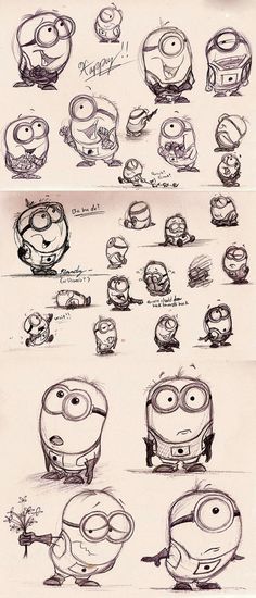 several different types of cartoon characters drawn in pencil