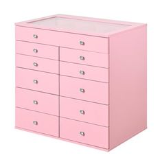 a pink dresser with six drawers