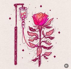 a drawing of a pink rose next to an electric toothbrush