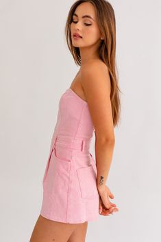 strapless denim romper Brand: Le Lis Style: SM8575 Fabric: 70% COTTON 27% POLYESTER 3% SPANDEX Details: Pink Denim Romper, Pink Denim, Pink Shade, Corset Crop Top, Denim Romper, Faded Denim, Crop Top Sweater, Fashion Fits