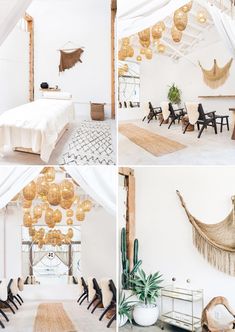 this is a collage of photos with white walls and hanging decorations in different rooms