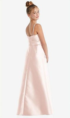 Spaghetti Strap Satin Junior Bridesmaid Dress With Mini Sash In Blush | The Dessy Group Jr Bridesmaid, Junior Bridesmaid Dress, Maxi Bridesmaid Dresses, Infinity Dress, Dress Drawing, Dress Order, Satin Prom Dress, Satin Gown, Flowing Skirt