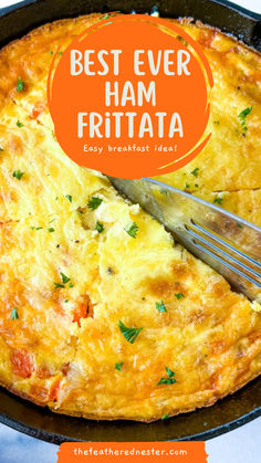 the best ever ham frittata recipe in a cast iron skillet with a fork