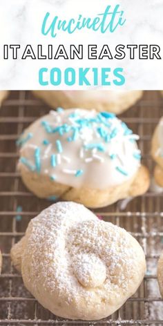 italian easter cookies with sprinkles and powdered sugar on a cooling rack