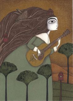 a painting of a woman with long hair holding a guitar in front of trees and a bird