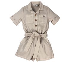 Button down safari romper with belt Casual Belted Jumpsuits And Rompers For Day Out, Casual Collared Belted Jumpsuits And Rompers, Casual Belted Collared Jumpsuits And Rompers, Collared Jumpsuits And Rompers With Pockets For Day Out, Collared Jumpsuit With Pockets For Day Out, Summer Cotton Jumpsuits And Rompers With Belt Loops, Belted Cotton Jumpsuits And Rompers With Short Sleeves, Summer Beige Belted Jumpsuits And Rompers, Casual Cotton Belted Jumpsuits And Rompers