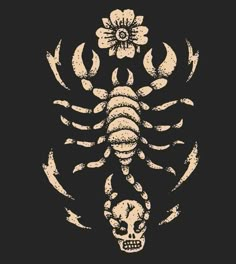 a black and white drawing of a scorpion with flowers on it's head, in front of a dark background