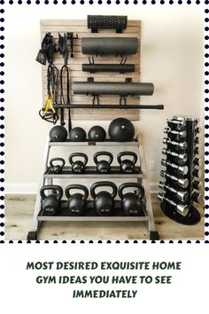 there is a rack with kettles and dumbbells on it