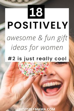 a woman holding up a donut with sprinkles on it and the words,