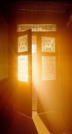 an open door with the sun shining through it's glass panels and light coming in from behind