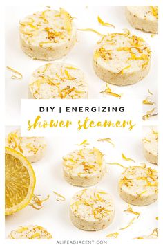 some lemons and orange zest on top of each other with the words diy energizing shower steamer