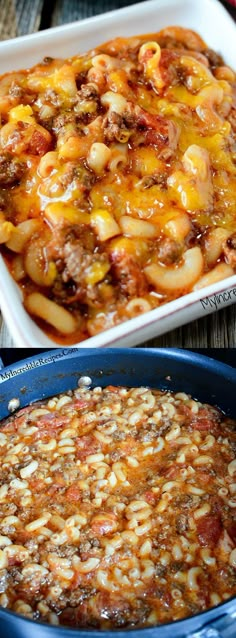 two different dishes with pasta and meat in them